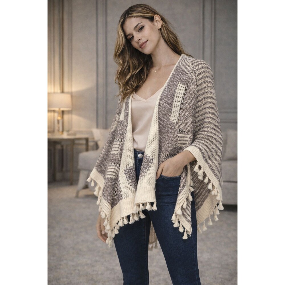 ANTHROPOLOGIE Chunky Knit Open‎ Front Cardigan Poncho Tassel Boho Women